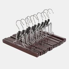 Wooden Clamping Trouser Hangers Skirts Shirts Non-Slip w Fabric Trim 10pcs Clamp