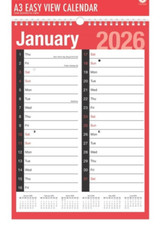 2026 A3 Wall Calendar Large Easy Month to View Work Planner Red Black Spiral