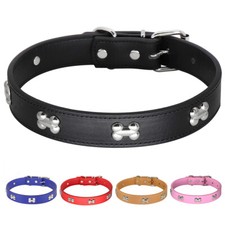 Bone Studded Leather Dog Collar Adjustable Pet Collars for Small and Medium Dogs