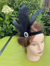 Retro Flapper 20s CHARLESTON BLACK FEATHER Blue Brooch Stl STRETCH HEADBAND BNIP