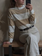 H&M White Beige Block Stripe Oversized Knit Jumper Size S Excellent Condition