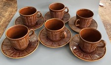 Vintage Tams Ware Pottery 6 x Cups and Saucers Tulip Pattern Brown Retro