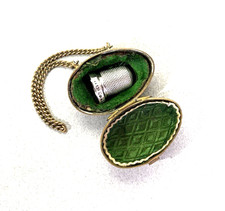Antique VICTORIAN EGG SHAPED THIMBLE HOLDER & STERLING SILVER THIMBLE chatelaine
