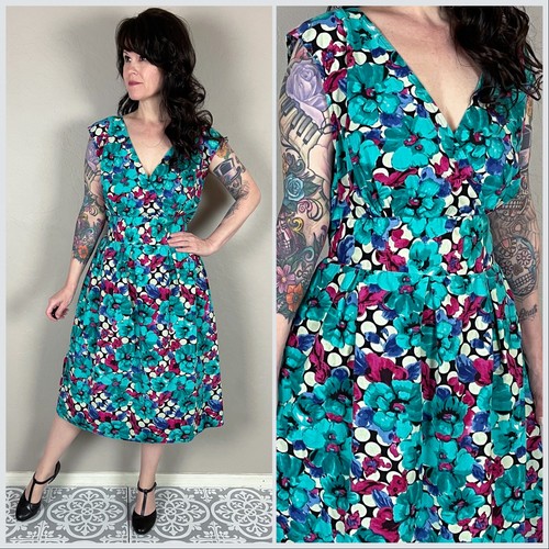 Vintage 1990s teal floral - teal, &