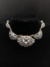 Vintage 30s Deco Czech Faceted Blue Glass Floral Necklace