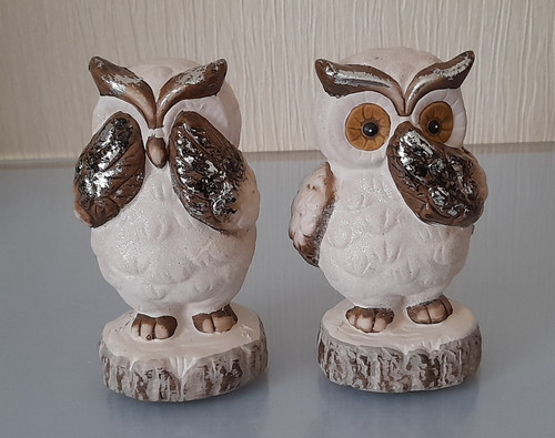 Two terracotta owl figures - owl,