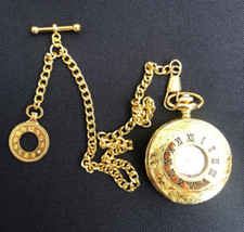 single albert gold colour chain and Half Hunter Pocket Watch  fob t bar