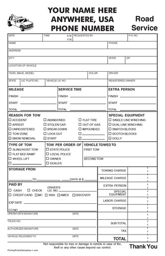 250 part towing invoice - 2-part,