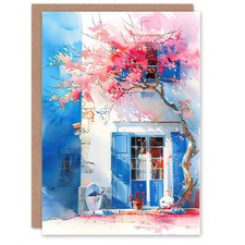 Greeting Card Flowering Bougainvillea Boho Mykonos Watercolour Blank Birthday