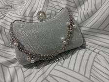 Elegant Silver Glitter Clutch Bag Pearl Chain Detail Evening / Party Bag