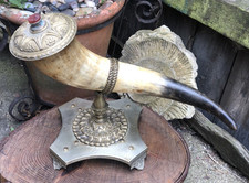 Antique German horn cornucopia Bavarian hunting trophy brass mounts silver plate