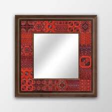 Afghan Red Handmade Mirror Natural Stone Mosaic Tile Wooden Frame Home Art Deco