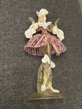 Venetian Murano Glass Goldoni Lady Figure With  Pink Latticino & Murrine Dress 