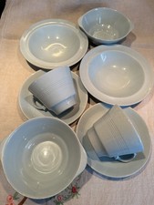 Woods Ware Iris 8 Piece Breakfast Set Cups Saucers Bowls Vintage Utility Ware