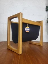 Vintage Mid-Century Modern Danish Oak & Black Canvas Magazine Rack Scandi Retro