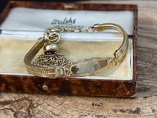 Vintage ID Bracelet Gold Tone Metal Flat Snake Chain Tassel Empty Cartouche 20cm