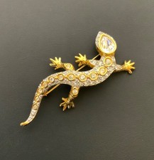 Swarovski Crystal Gecko Lizard Brooch Gold-Tone Jewelry Sparkly Rhinestones