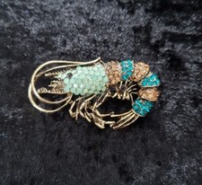 Vintage Inspired Prawn Shrimp Brooch. Blue Green GoldRhinestone Gold Colour Back