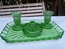 Vintage Art Deco Green Glass Vanity Dressing Table Set On Tray. Lovely Condition