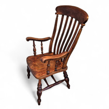Antique High Lath-back Windsor Chair - c1900 Country Oak Stick Armchair
