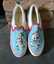 Vtg Ed Hardy blue white red slip on trainers tattoo skull dagger shoes skate 7.5
