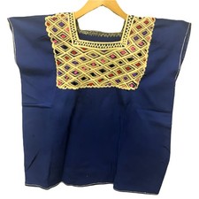Mexican Embroidered Huipil Maya Top Organic Cotton Manta Blue & Brown- One Size 