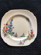 Vintage Crown Staffordshire 6” Small Hollyhock Side Cake Plate 1930's Painted