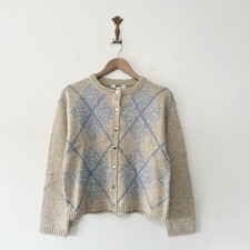Marks & Spencer Argyle Cardigan Size S Beige Blue Wool Blend Boxy