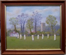 Oil on Board Cricket Match -