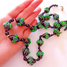 ANTIQUE NECKLACE RARE MATCHED MILLEFIORI BEADS RAISED STAR CANE GREEN 60CM LONG