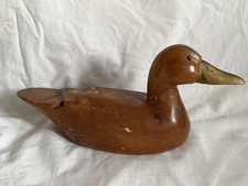 Vintage Hand Carved Solid Wood Duck Decoy, Gold  beak Glass Eyes 12” long