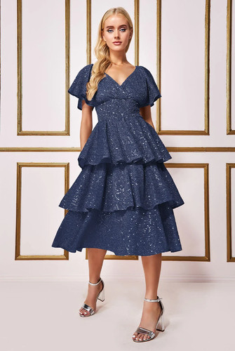 Goddiva navy tiered midi - goddiva, dress