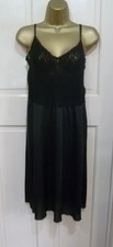 VINTAGE BLACK SILKY NYLON + LACE BODICE LONG FULL SLIP PRETTY LACE SZ 12