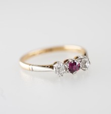 Antique elegant 18ct Gold Platinum Trilogy Ring Pink Ruby Diamond GCS Certified 