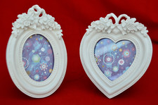 A SET OF TWO MINIATURE PHOTO FRAMES 3 x 3 INCH PHOTOS - WHITE WOOD ORNATE!