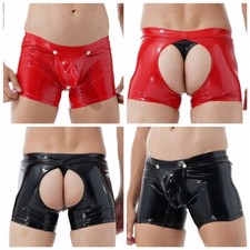 Sexy Men Patent Leather Wetlook Open Butt Crotchless Boxer Shorts Hot Pants UK