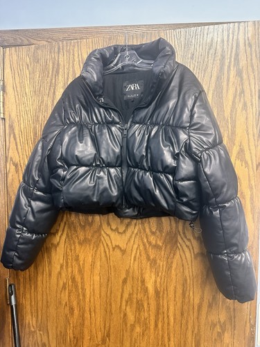 Zara black faux leather puffer - leather,