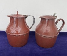 Pair Of Vintage French Enamel Jugs With Lid Rustic Farmhouse Style