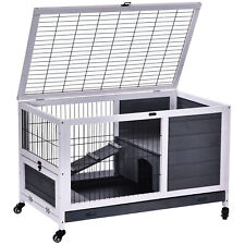 Wood Indoor Rabbit Hutch Elevated 2-Floor Guineas Pigs Cage with Wheels Pawhut