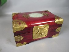 vintage wood brass oriental Chinese jade? jeweler  box  ornate