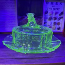Uranium Stolzle Cow Creamer Butter Dish Plate Vintage Vaseline Glass 