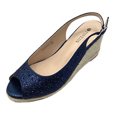 Pavers Navy Faux Leather Embellished Wedge Heel Espadrille Sandals Size UK 4 New