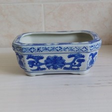 Vintage Chinese Bonsai Bulb Planter Jardiniere Blue White Octagonal Lotus Small