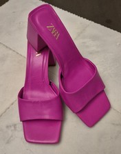 ZARA Pink Block Heel Mules Sandals Size 38 UK 5 – Square Toe, Trendy Fuchsia NWB