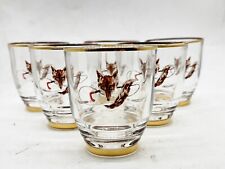 SET OF 6 VINTAGE FOX HUNTING THEMED TUMBLER SHOT GLASSES GOLD RIM DETAIL
