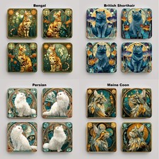 Set of 4 Coasters - Art Nouveau Style Cats - 8 Different Designs