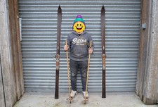 Vintage old wooden ski wooden snow skis 202 cm with bamboo poles