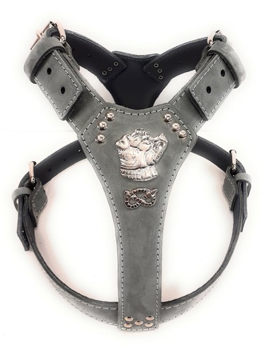 Grey leather dog harness - grey,