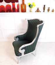 Designer Throne Carved Frame Stylish Statement Armchair Stripe fabric Wing back