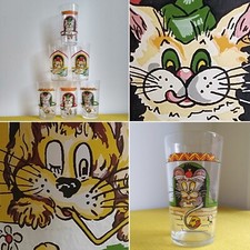 Vintage Cat Dog  Mouse Glass Tumblers Reims French YMC Cartoon 1970s/1980s
